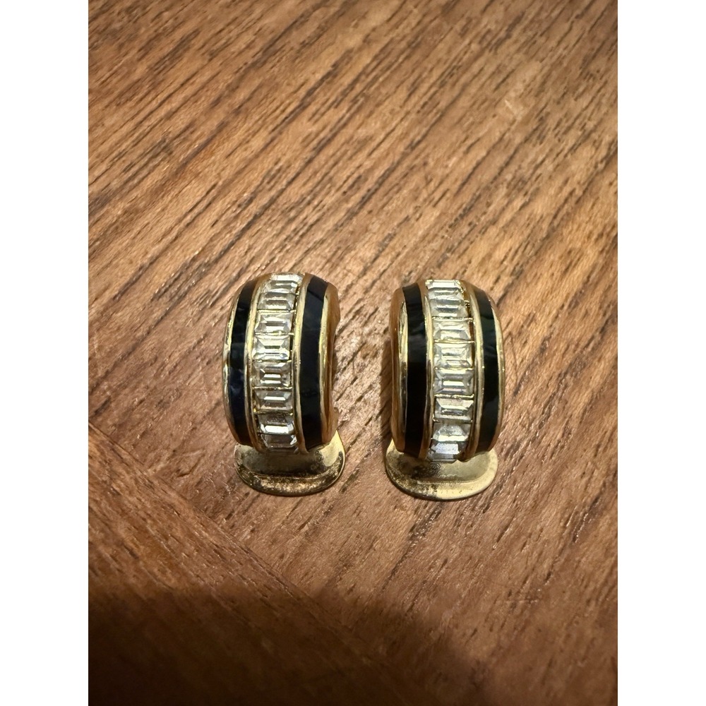 Christian Dior VTG 1980 Gold Plated Baguette Crystal Enamel Clip On Earrings